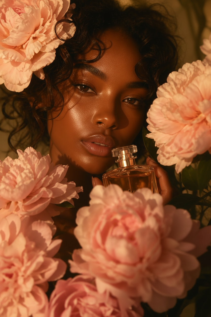 Femme noire avec parfum visible et pivoines